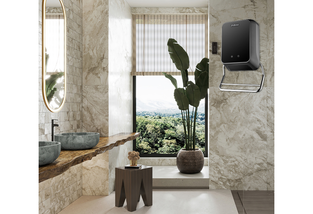 Απεικονίζεται το αερόθερμο τοποθετημένο σε τοίχο μπάνιου.